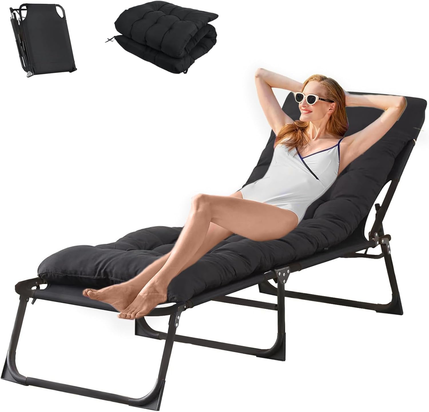 BSTSEL Heavy Duty Folding Garden Sun Lounger 22mm Steel Frame Support 264lbs 4-Position Adjustable Folding Chaise with Pillow Sun Bed for Camping Beach Garden Patio Pool Indoor (Black)