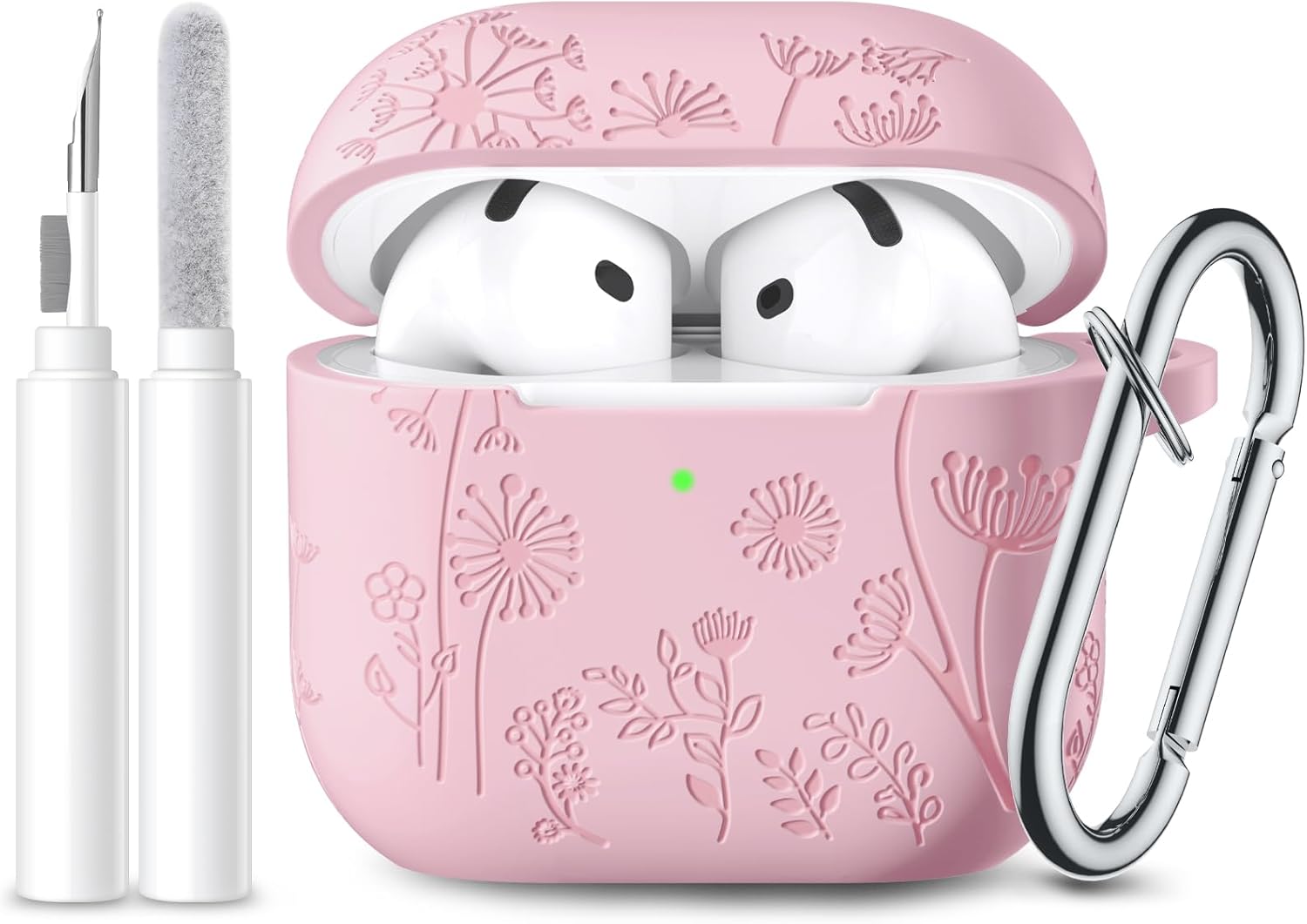 Lerobo for Airpods 4 Case Cover with Cleaner Kit, Cute Flower Engraved Silicone Protective Case Cover with Keychain Compatible with Apple Airpods 4 Case 2024 for Women and Girls, Pink