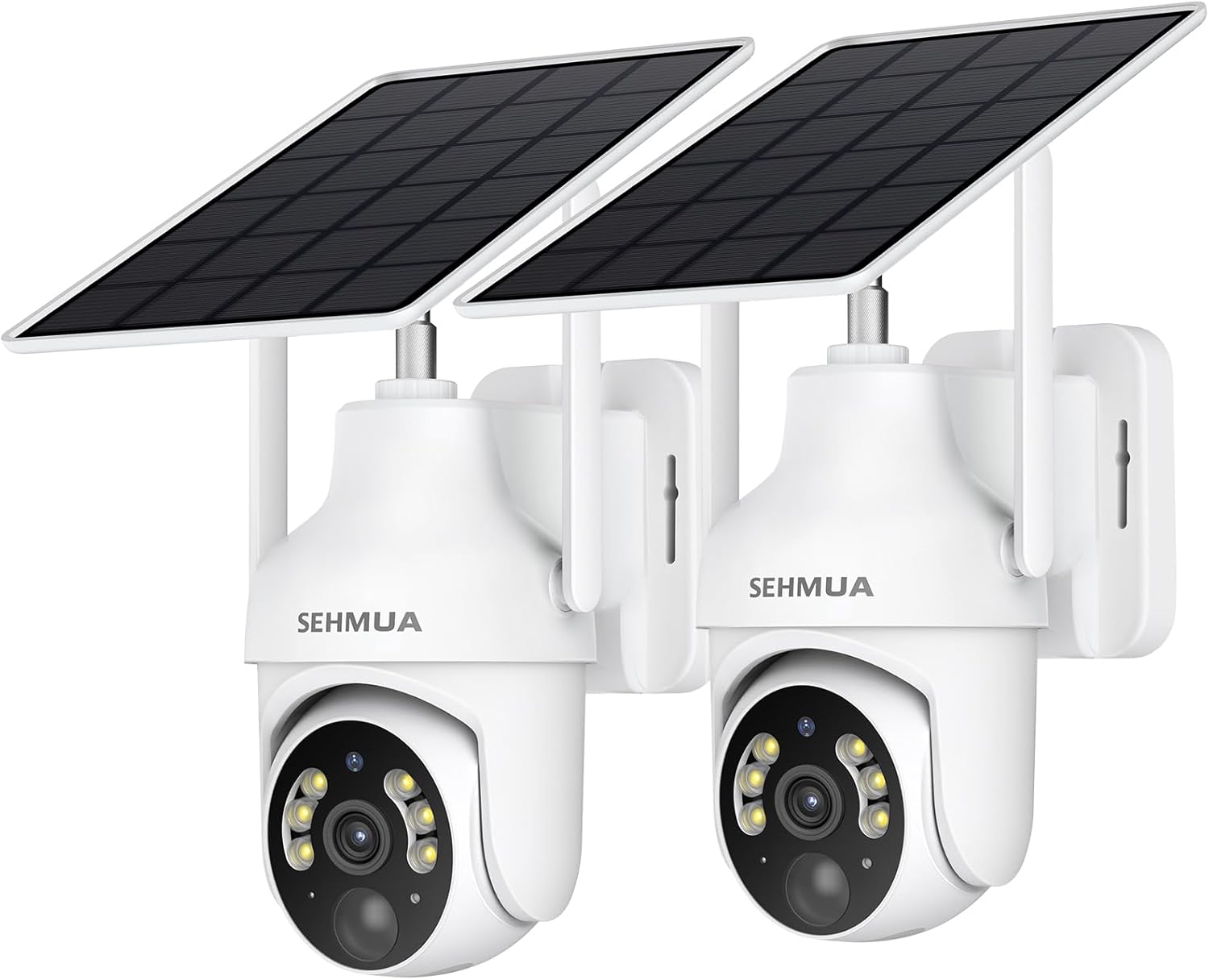 SEHMUA 2K Solar Security Cameras Wireless Outdoor, 2 Pack 360° View Pan/Tilt WiFi Security Camera Outside with Color Night Vision,Easy to Install, PIR Alarm, 2-Way Audio