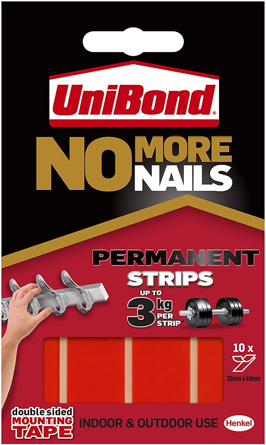 Unibond No More Nails Permanent Strips, Adhesive Strips for Fast & Easy Mounting, Double Sided Sticky Tape for Interior & Exterior Use, Waterproof Tape, Pack of 10