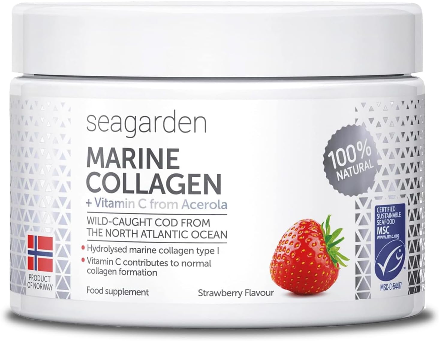 Seagarden® Hydrolysed Marine Collagen Powder + Vitamin C (150g/30 serv.), Type I & III, MSC–Certified Wild-Caught Arctic Cod, Supplements for Women & Men, Skin, Hair, Nails, Soluble Strawberry Taste