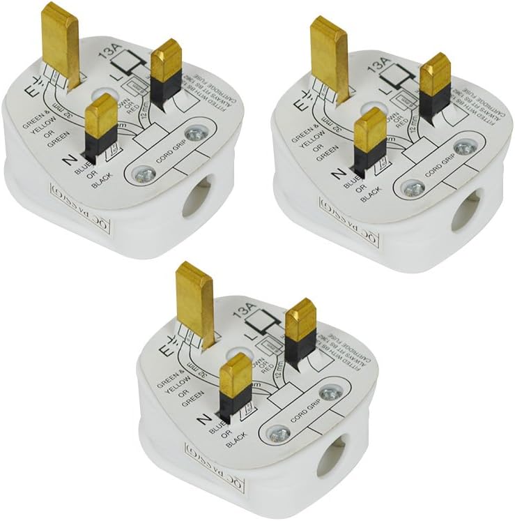STATUS 13A 3‑Pin White Electrical Plug Tops – Pack of 3, BS1363‑Compliant with Cord Grip, CE Certified & Recyclable, Ideal for Home or Office Use, (13APLUG3PK5)