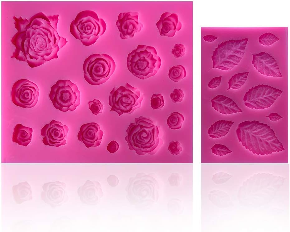 SIENON 33 Cavity Rose Flowers and Leaves Fondant Candy Silicone Molds Chocolate Moulds for Sugarcraft, Cupcake Toppers, Soap, Polymer Clay, Crafting Projects, Wedding and Birthday Cake Decorations