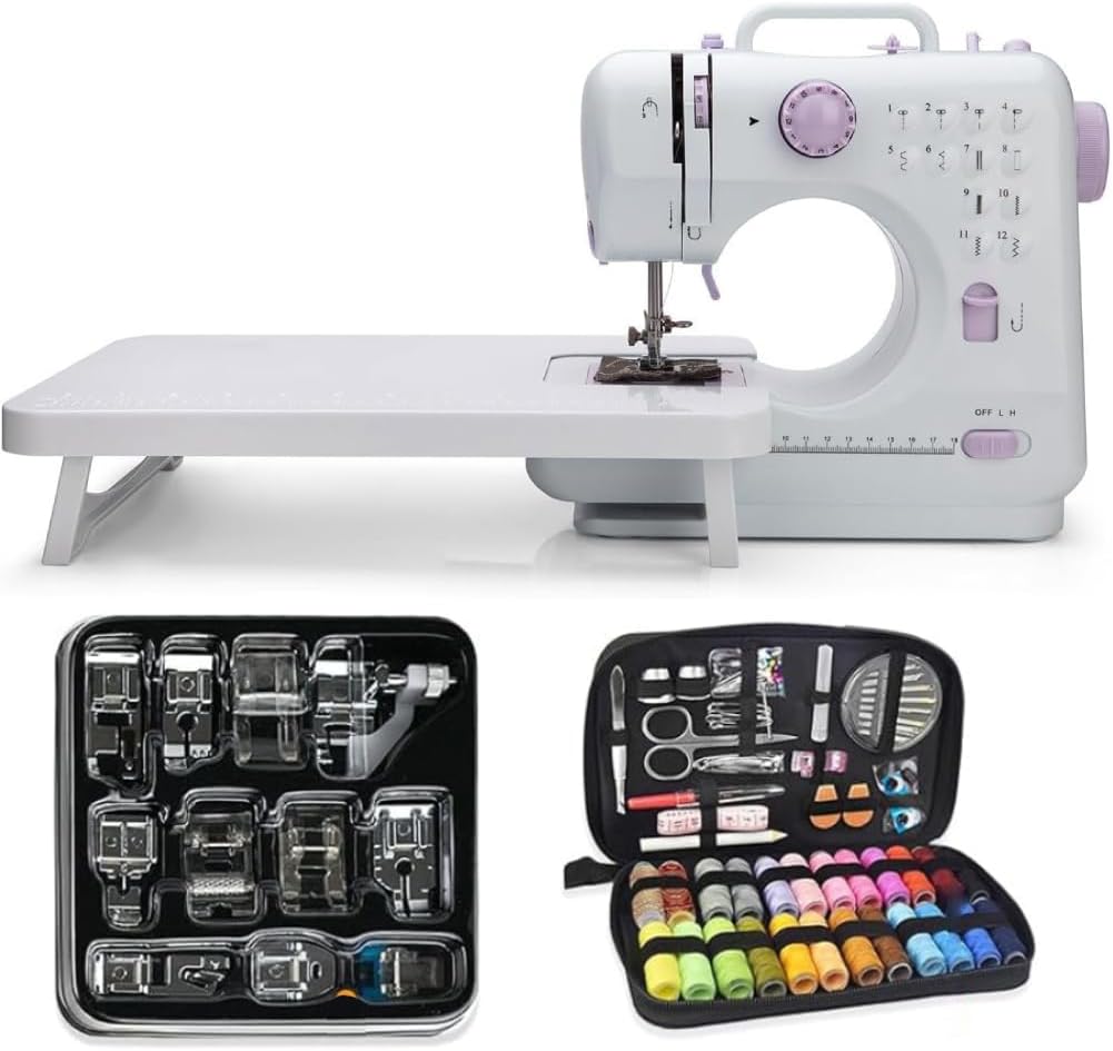 Uadme Mini Sewing Machine for Beginner, Household Small Electric Sewing Machines with 2 Speed 12 Built-in Stitch Patterns, Sewing Set with Extension Board 11pcs Presser Feet Set and 97pcs Sewing Kit
