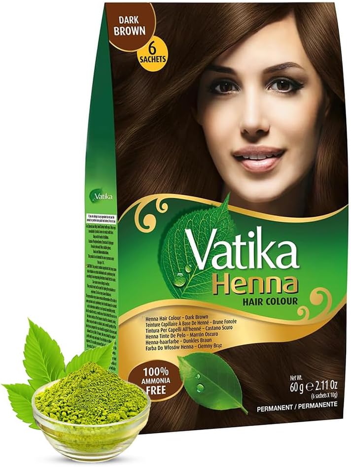 Dabur Vatika Henna Dark Brown Hair Colour Powder - 60g(6 x 10g Sachets),Goodness of Natural Henna, 100% Ammonia-Free & Grey Coverage, Protects & Gives Shine