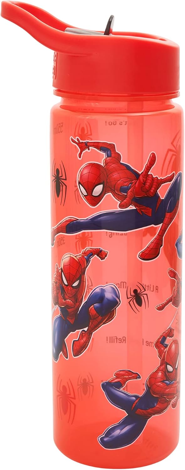 Marvel Spider-man Water Tracker Bottle Flip Up Straw 600ml – Official Merchandise by Polar Gear – Reusable Non Spill - BPA Free - Recyclable Plastic - Ideal For School Nursery Sports Picnic,Red/Blue