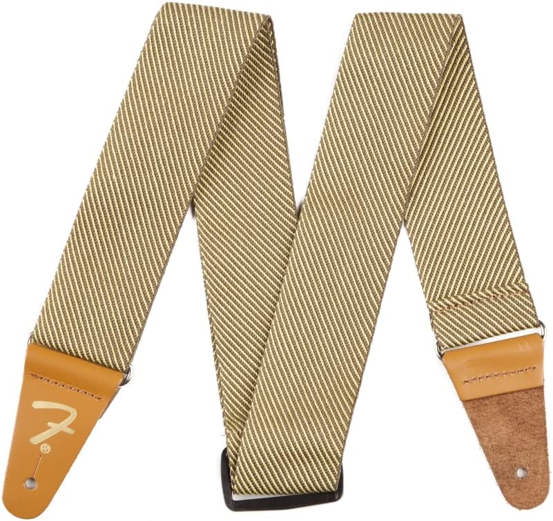 Fender Vintage Tweed Guitar Strap, Adjustable 44-49.5 Inch, Classic Yellow Tweed, Gold “F” Logo, Reinforced Leather Ends, Iconic Style and Comfort, One Size