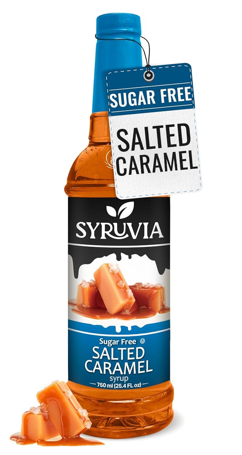 Syruvia Sugar-Free Salted Caramel Syrup - 25.4 fl oz. Premium Coffee Flavoring Syrup. 0 Calories, Kosher, and Gluten-Free. Perfect for Drinks, Sodas, Shakes, Desserts, and More.