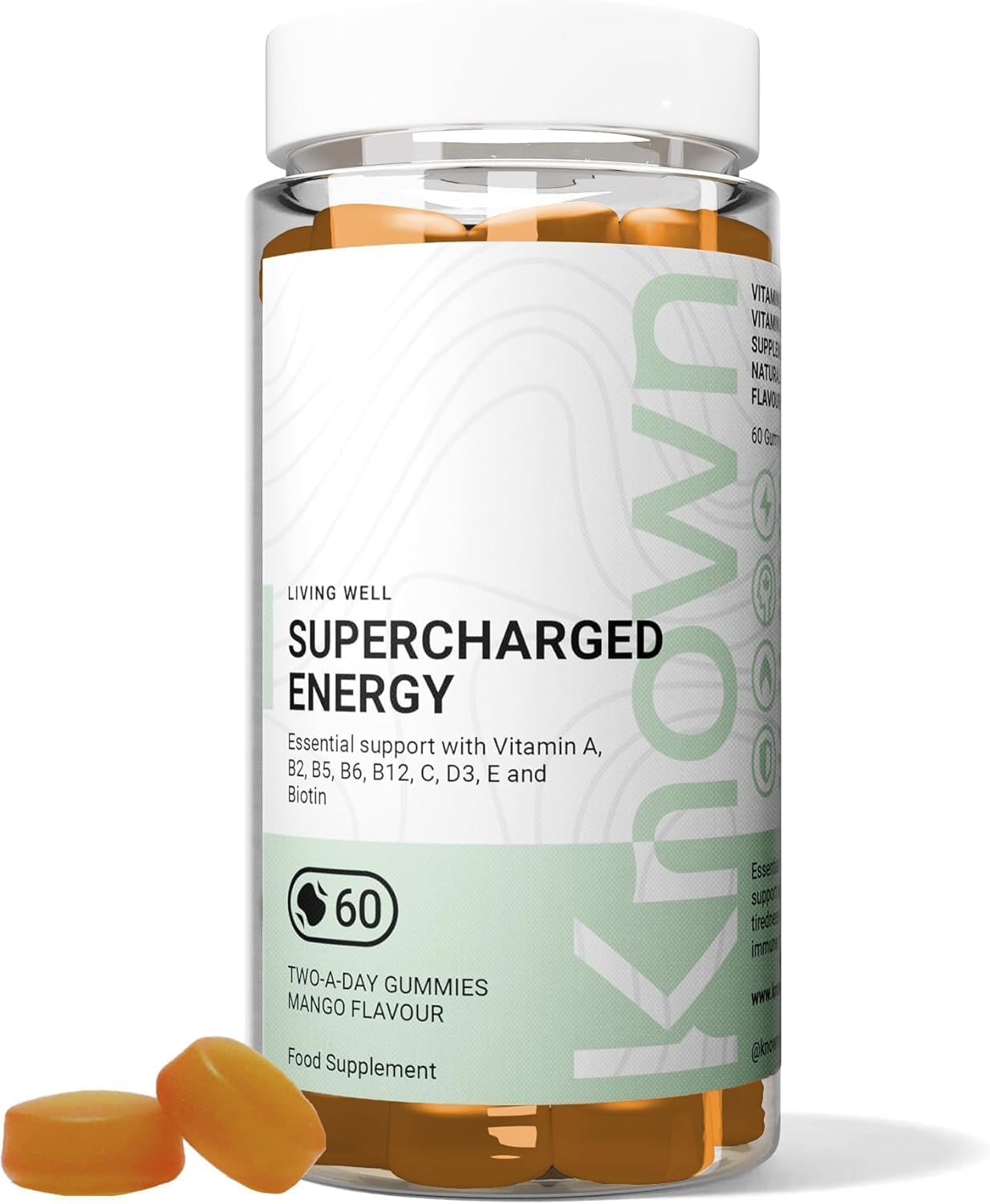 Known Tasty Supercharged Energy Gummies - B Vitamins, Vitamin C, Zinc - Supports Energy - Natural Mango Flavour - 60 Gummies, 1 Month Supply