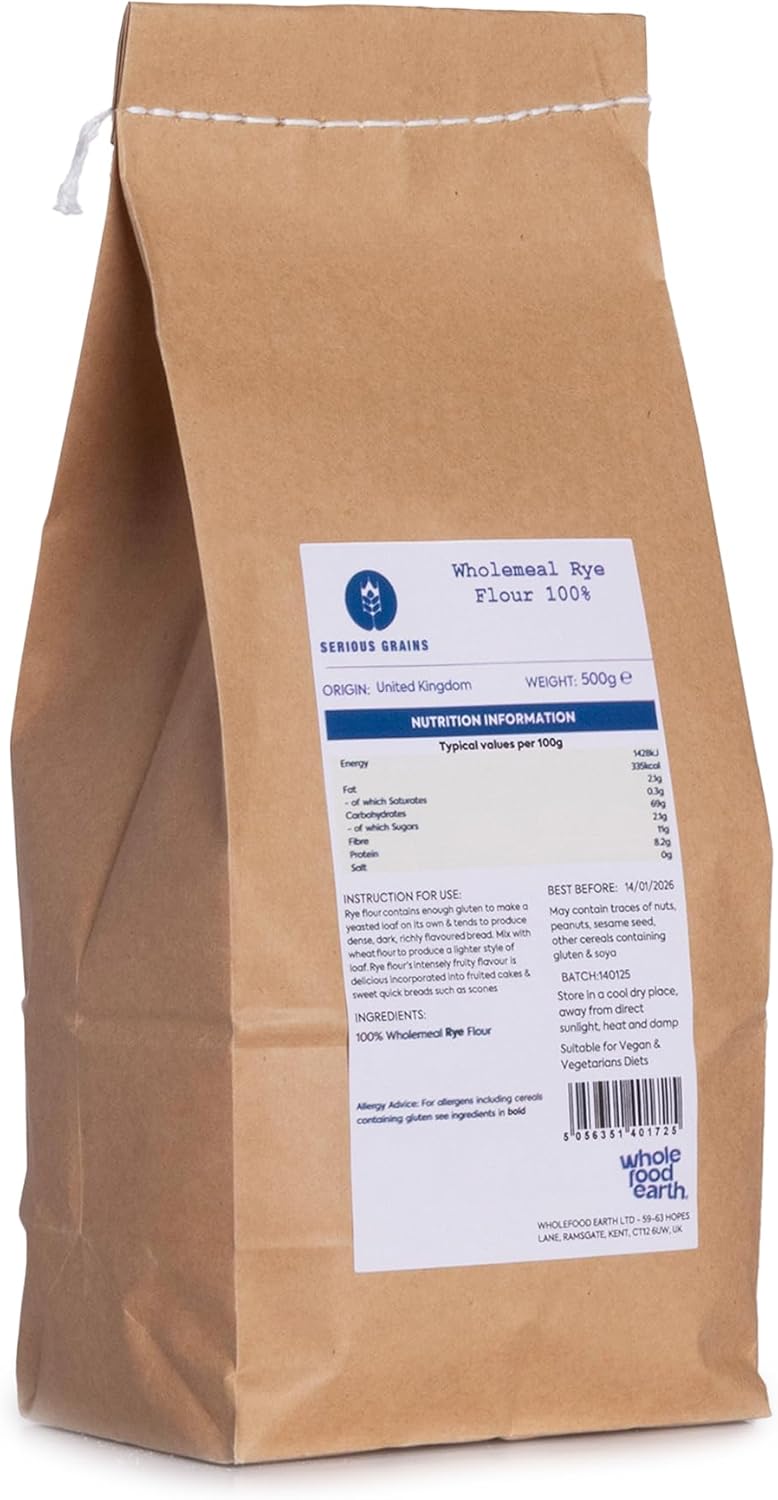 100percent Wholemeal Rye Flour Stoneground 500g - High Fibre - Made in UK