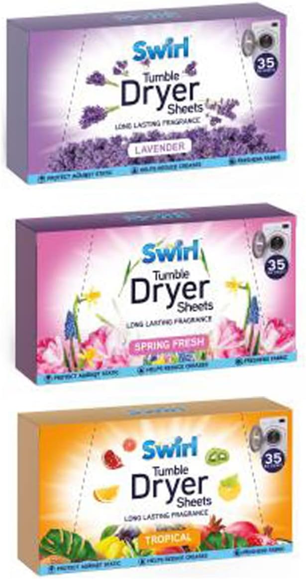 Tumble Dryer Sheets - 3 Packs (35 Sheets Each) - Spring Fresh, Lavender, Tropical