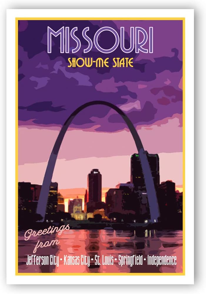 MISSOURI TRAVEL POSTER postcard set of 20 identical postcards. MO state vintage style travel poster post cards. Made in USA.