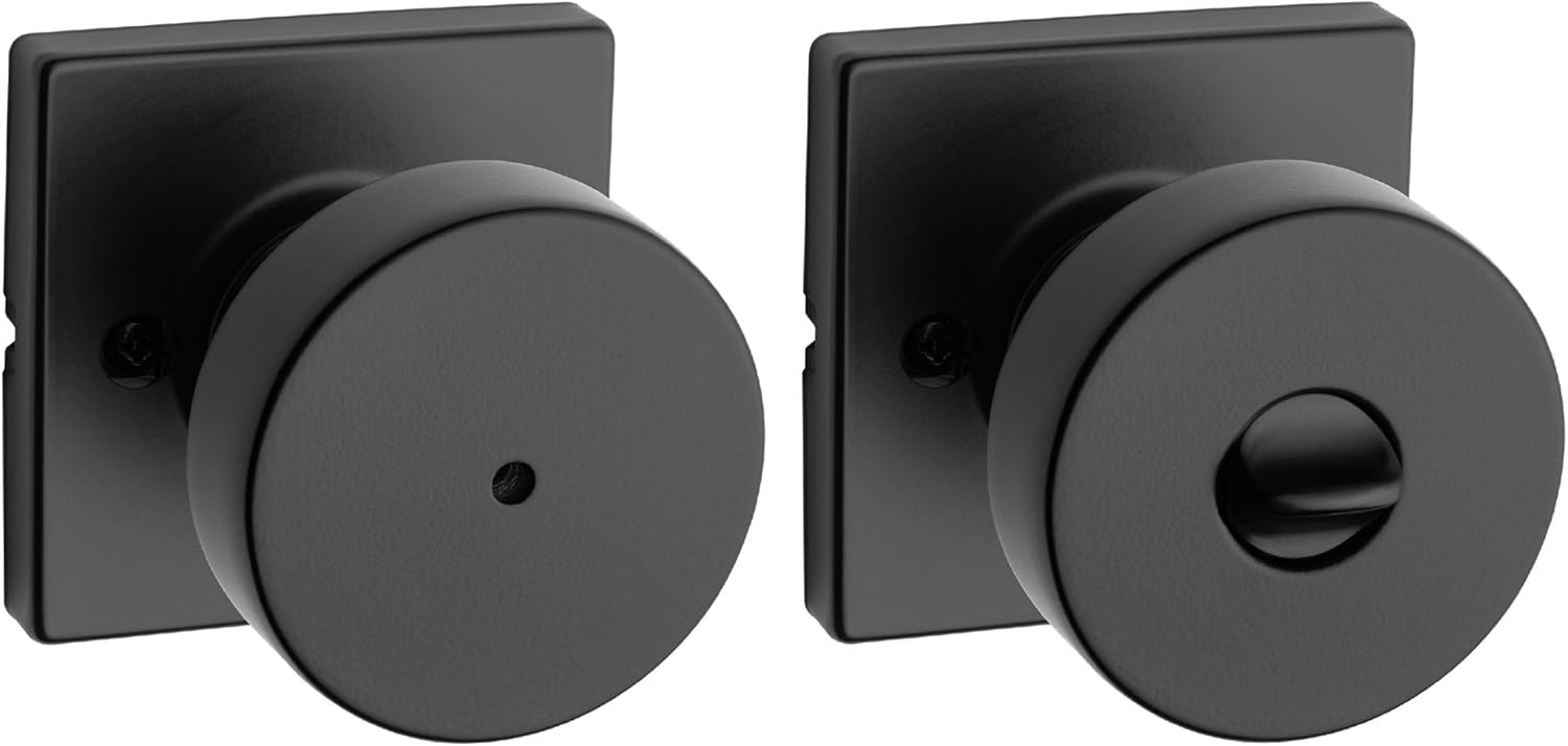 Kwikset Pismo Interior Privacy Door Knob with Lock, Door Handle For Bathroom and Bedroom, Matte Black Keyless Turn Lock Doorknob, with Microban Protection, Square Rose