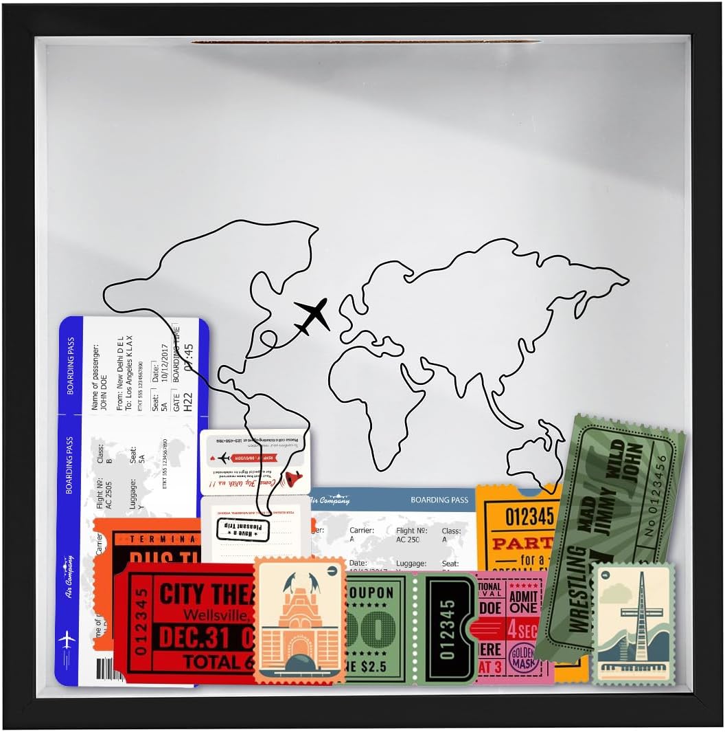 Travel Shadow Box, 11.5x11.5in Adventure Archive Box with Slot Wood Frame Map Plane Design Travel Tickets Holder Travel Keepsake Top Loading Shadow Box for Movie Theater Travel Tickets(Black)