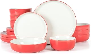 Sur La Table Kitchen Essentials 16 Piece Two-Tone Porcelain Chip and Scratch Resistant Dinnerware Plates and Bowls Set - Red/White