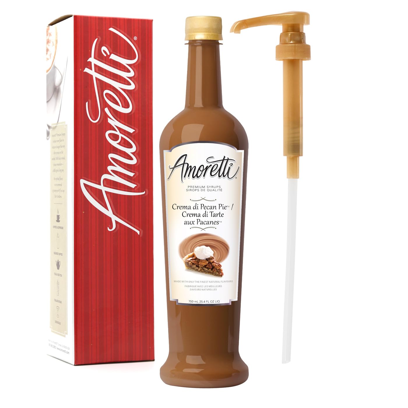 Amoretti - Premium Crema di™ Pecan Pie Syrup, 94 Servings Per Bottle (750 ml), with Pump for Flavoring Coffees, Cocktails, and other Beverages, Gluten Free, GMO/GEO Free, Preservative Free