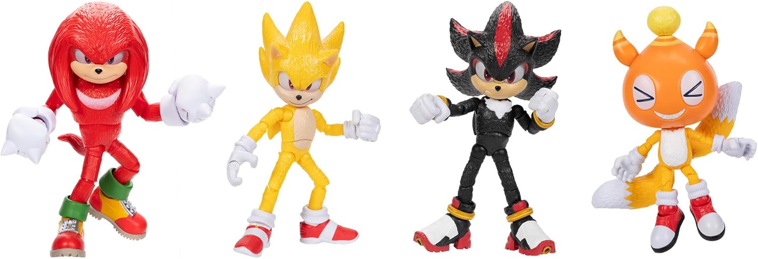 Sonic 3 Movie 5-InchAction Figure 4-Pack, Articulated Figures from Jakks Pacific's Wave 2 Include Super Sonic, Shadow, Knuckles, and Chao Mascot Tails
