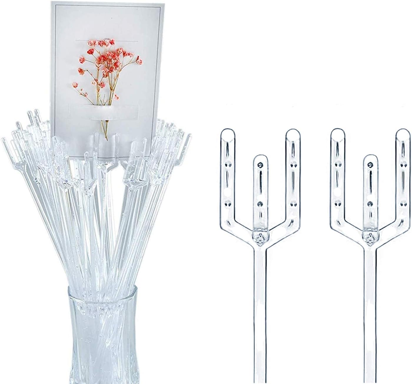 BEADNOVA Floral Card Holder Picks 50pcs 12inch Flower Pick Plastic Floral Pick Holder for Card Photos Wedding Birthday Party Decoration (Fork Shape Head)