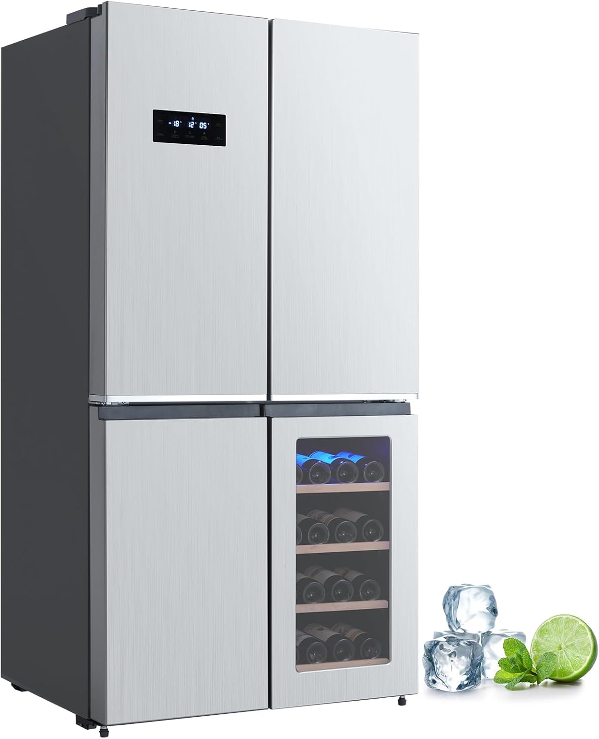 21 Cu.Ft. French Door Refrigerator with Wine Cooler, Counter Depth 4 Door Fridge with Automated Defrost & Touch Screen, Stainless Steel Large Multi Door Refrigerator for Home Modern Kitchen