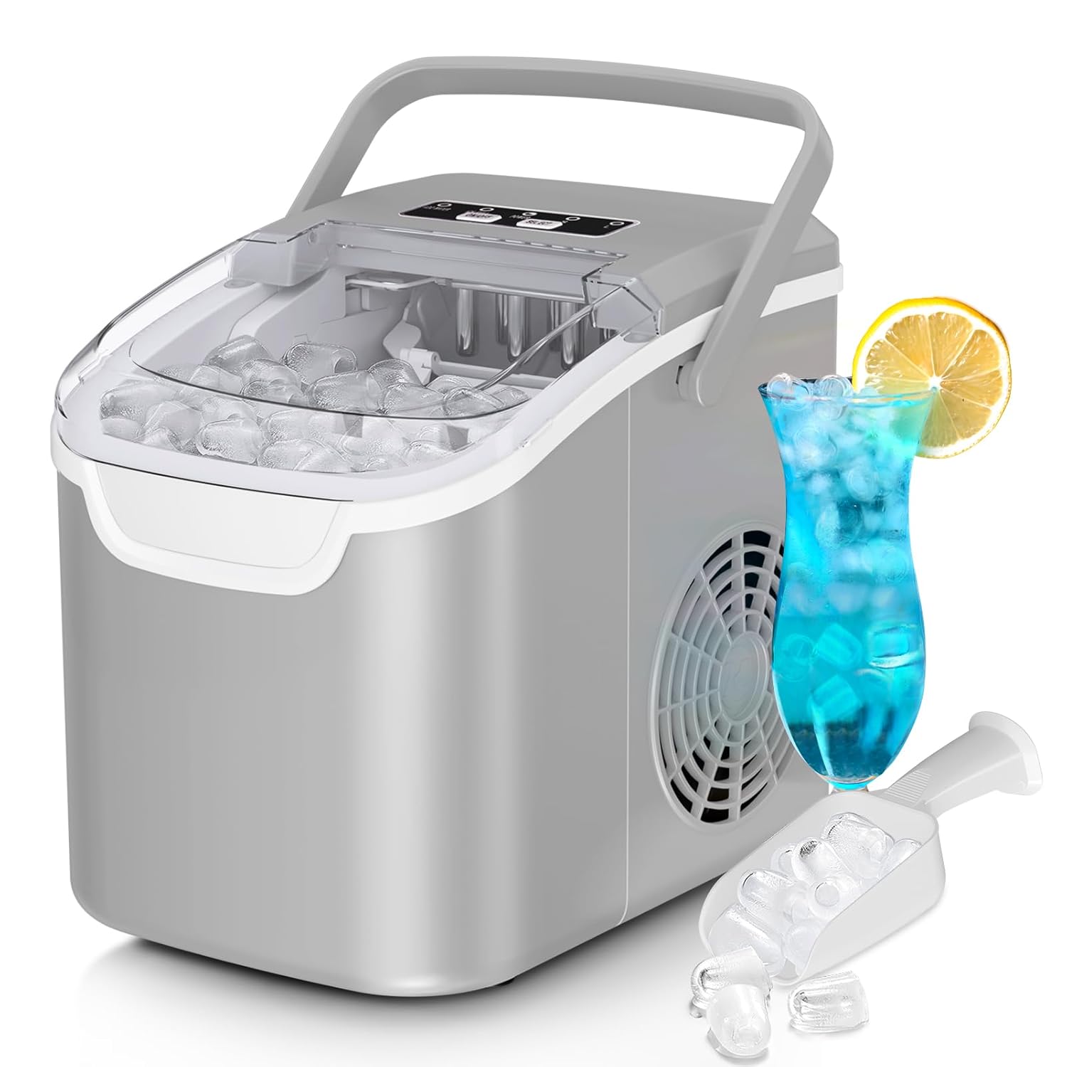 Countertop Ice Maker Machine, 8 Ice Cubes in 6 mins, 26lb/Day Bullet Ice with 2 Sizes- Portable Mini, Energy Saving & Basket/Scoop for Home/Party/Travel/Camping/Bar,Grey