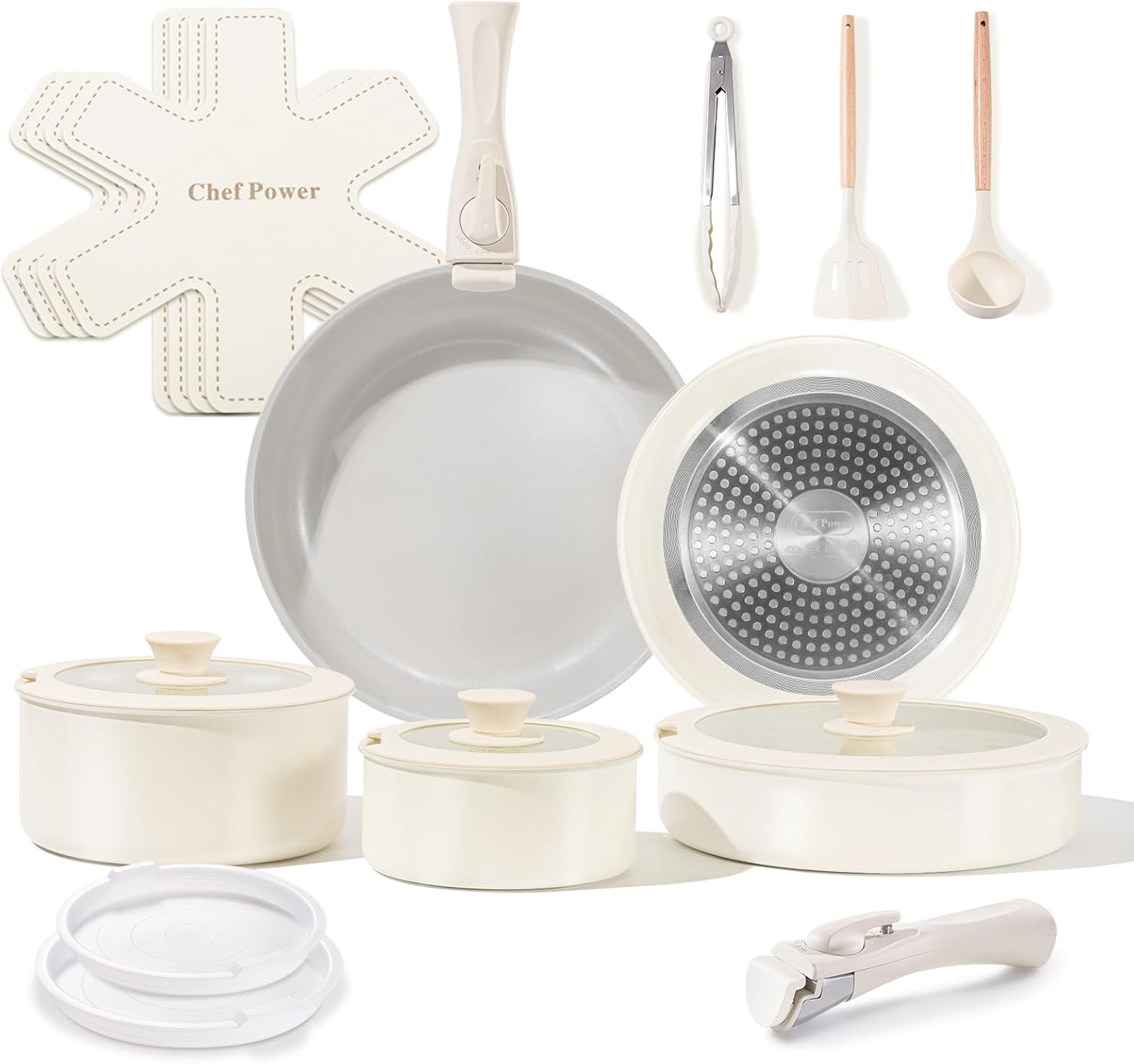 Ceramic Nonstick Pots and Pans Set 19 Piece with Detachable Handle, Induction Dishwasher Oven Safe Cookware Set, RV Kicthen Set Removable Handle, Granite Grey and White
