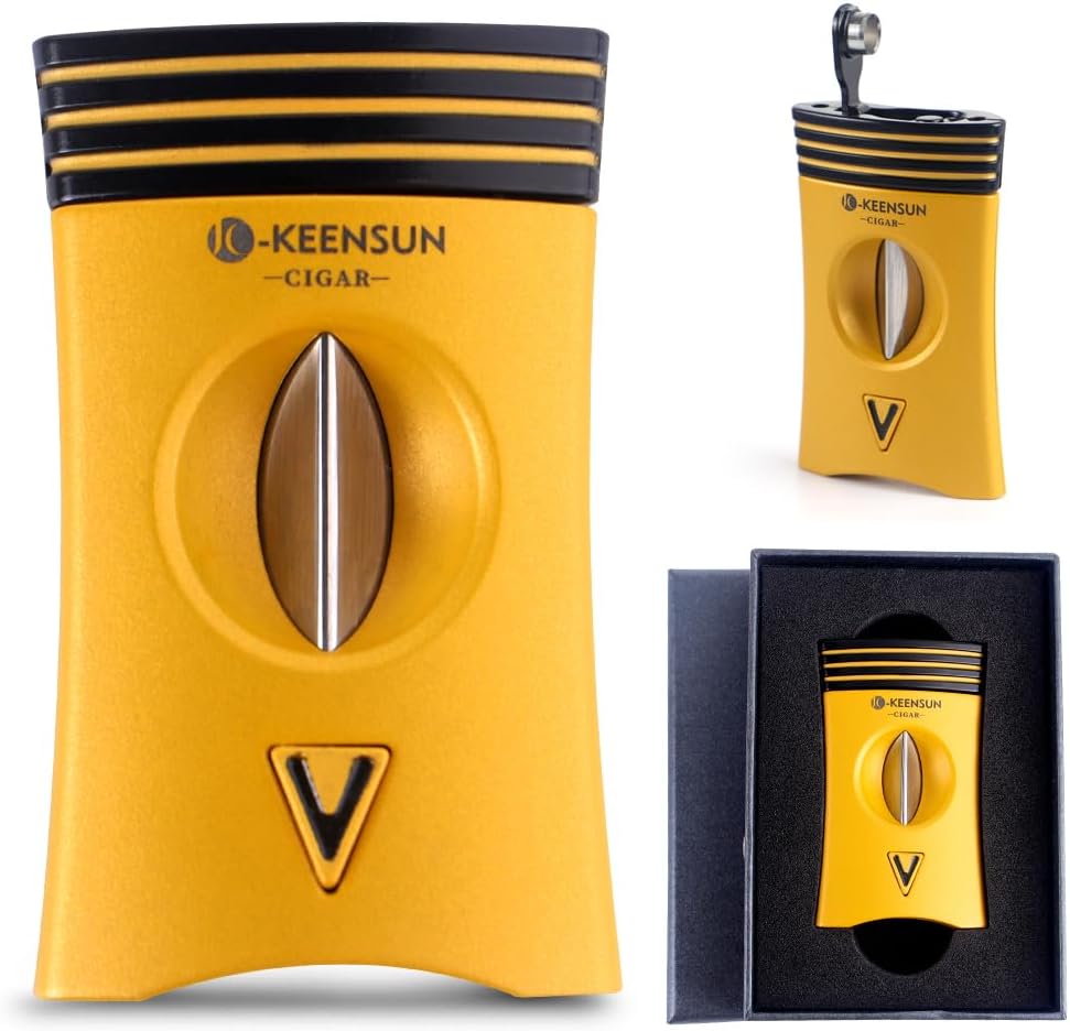 KEENSUN 3-in-1 Zinc Alloy V-Cut Cigar Cutter (Deep Yellow) with Cigar Holder on The Back and Cigar Punch at The Bottom, 60 Ring Gauge, 420J2 Stainless Steel Cut Blade in Gift Box