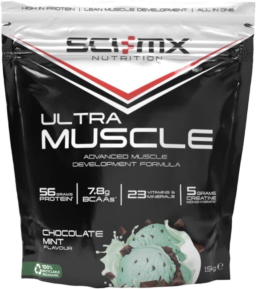 SCI-MX Ultra Muscle - Protein Powder for Muscle Development + 23 Vitamins & Minerals - Chocolate Mint • 56g Protein + 5g Creatine + 7.8g BCAAs per Serving • 1.5kg