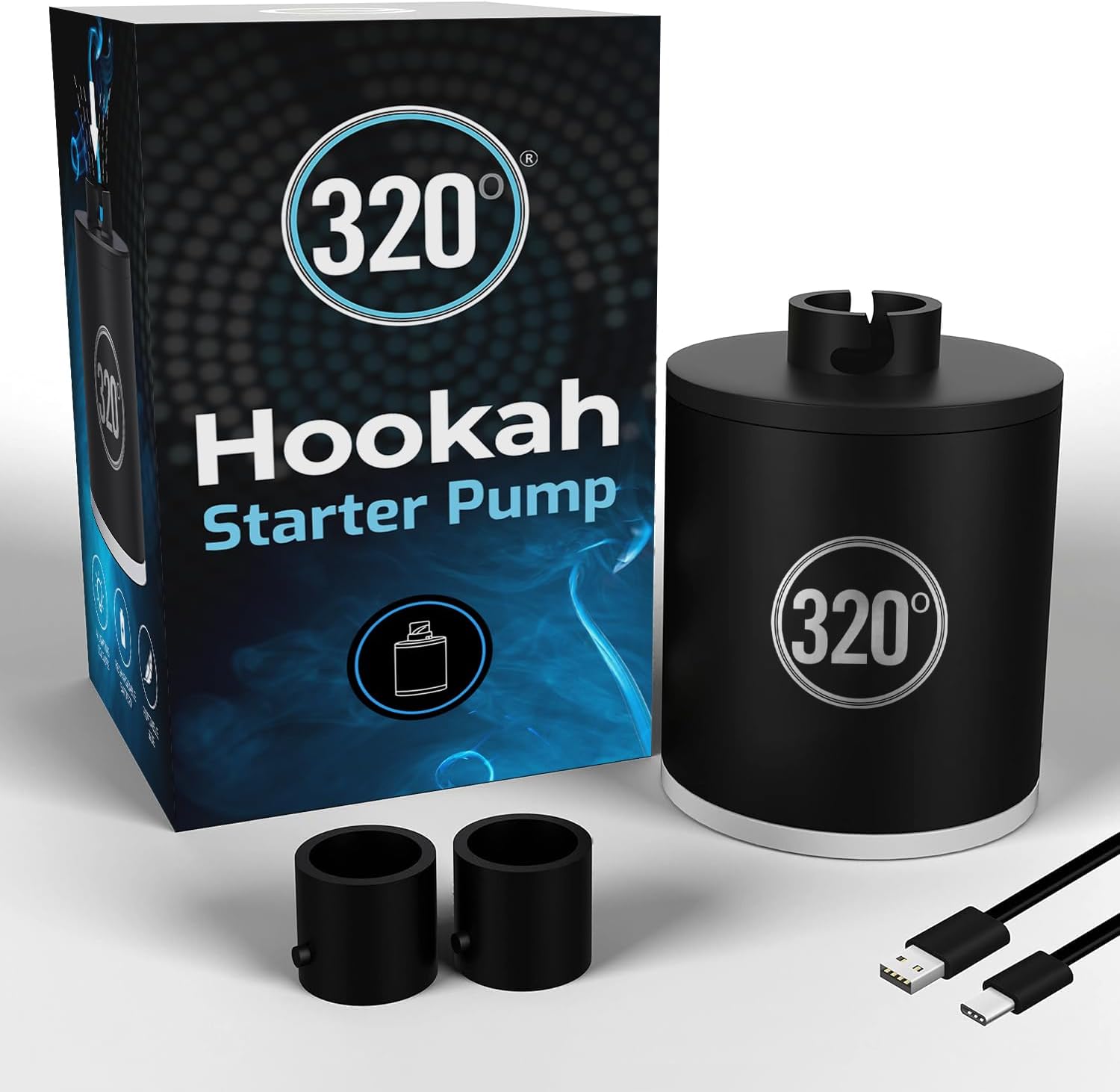 320° Electric Hookah Starter Pump – 1300mAh Rechargeable Battery – Heats Charcoal Fast – 4 LED Lights – USB-C Charging – Fits Any Hookah