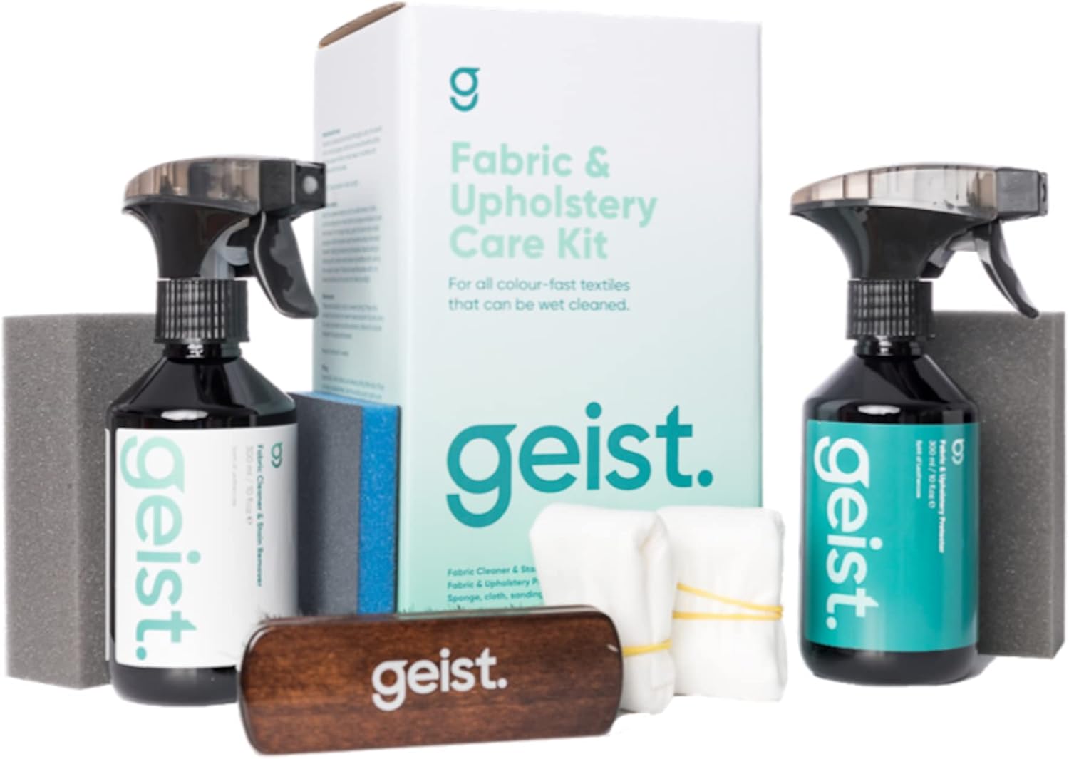 Geist. Fabric & Upholstery Care Kit | Cleaning, Stain Removal & Protection of Alcantara or Cloth car Seats, Sofas, Furniture, Rugs, Carpets | Makes Textiles Water & Stain Resistant