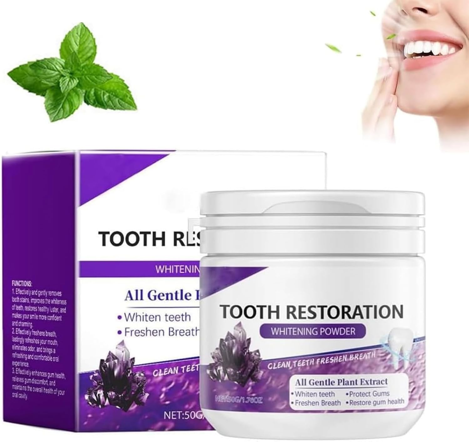 Teeth Restoration Mineral Powder,Teeth Restoration,Mineral Tooth Powder,Effective in Strengthening Tooth and Gums, Natural Tee-Th Whitening & Care,Peppermint Flavor,Daily Use,Freshen Breath(50g)