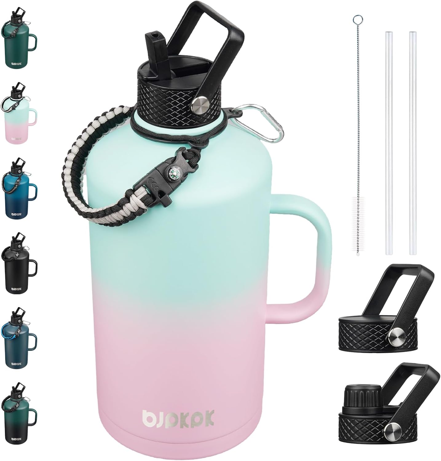 BJPKPK 1 Gallon Water Bottle Insulated with Straw Lid, 50oz, 64oz, 87oz, 128oz Large, Stainless Steel Water Bottles with 3 Lids and Paracord Strap, Double Wall Vacuum Metal Water Jug,Marshmallow