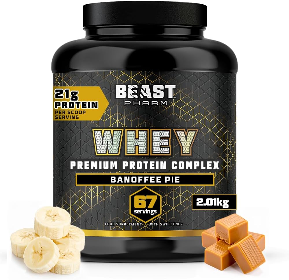 Beast Whey Protein Powder 2kg Banana Banoffee Protein Powder for 67 Shakes | Delicious Banoffee Pie Flavour. Giant 2kg Tub Whey Protein Powder for 67 Servings. High 21g Protein per Shake.