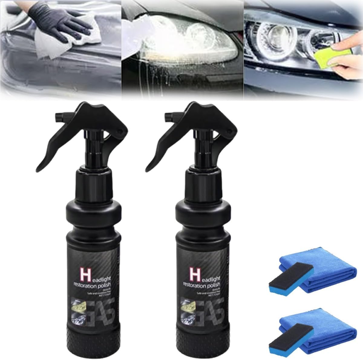 Treadcrck Car Headlight Repair Fluid, Automotive Ceramic Headlight Restoration Kit, Headlights Stain Remover Polishing Paste, Portable Polish Cleaner Spray for All Cars Lamps-Lasting Protection(2pcs)
