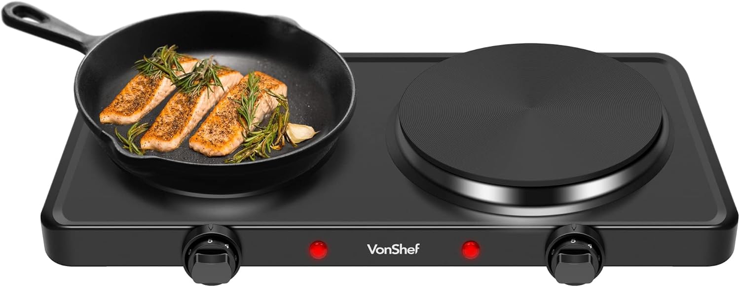 VonShef Electric Hob - Portable Electric Hot Plate Double with Dual Temperature Controls, 2500W, 2 Ring Table Top Stove for Cooking, Warming, Boiling, Frying, For Home & Caravan – Black