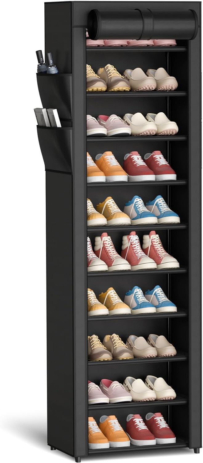 Kitsure Shoe Rack - 10-Tier Large Capacity Shoe Organizer Shelf with Dust Cover & Side Pockets, Rust-Proof Metal Shoe Rack for Closet, Entrance, Living Room, 17.5" x 12.4" x 69.3", Black