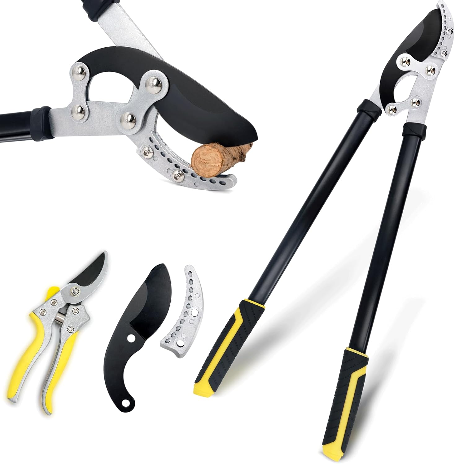 JARDINEER Garden Shears Set, Include 30" Anvil Loppers for Tree Trimming Heavy Duty with 2" Cutting Capacity, Bypass Pruning Shear and Spare Lopper Blade