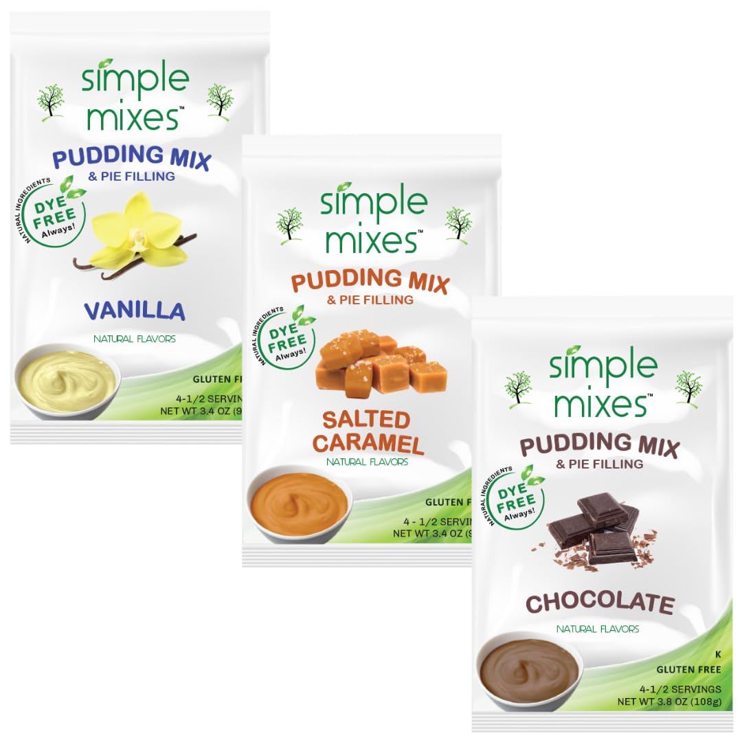 Simple Mixes Natural Instant Pudding Mix, Vanilla, Chocolate, Salted Caramel, Gluten and Dye-Free, No Fat, or Lactose, Kosher, Variety 3 Pack