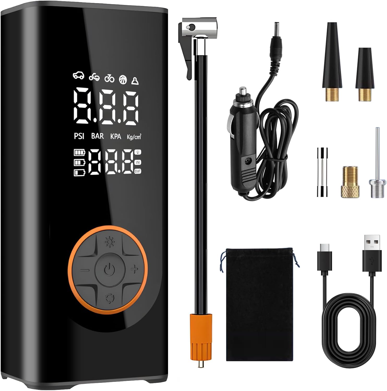 Semflagree Portable Air Compressor Car Tyre Pump, 6000mAh corded/cordless Dual power supply 150PSI Tyre Inflator Cordless Digital Dual Values Display tyre pump for Car Motorcycle Bike Ball