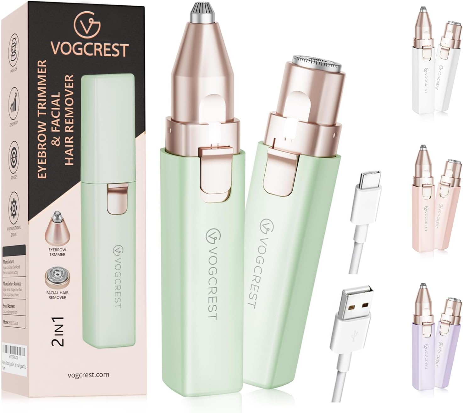 VOGCREST Hair Trimmer, 2 in 1 Facial Hair Remover & Eyebrow Trimmer for Women - Rechargeable, Portable, LED Light