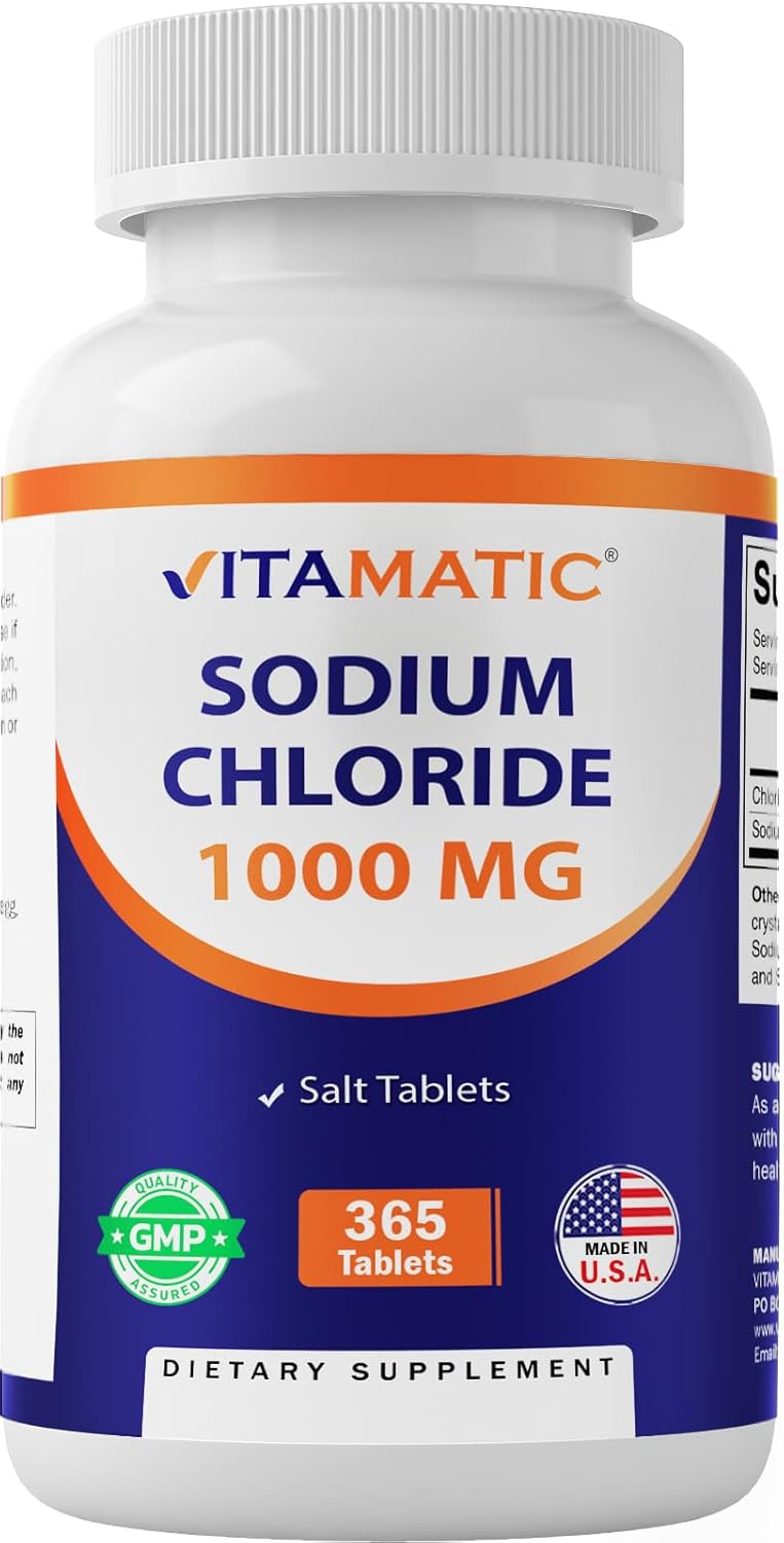 Vitamatic Sodium Chloride 1000mg, 365 Tablets - Salt Tablets, Non-GMO, Gluten Free - Electrolytes Replenisher Hydration Drink (1 Bottle)