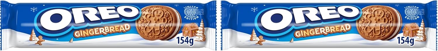 OREO Limited Edition Gingerbread Flavour Sandwich Biscuit With a Vanilla Flavour Filling, Festive Gingerbread Cookies, Perfect Christmas Treat for Sharing, 154 g (Pack of 2)