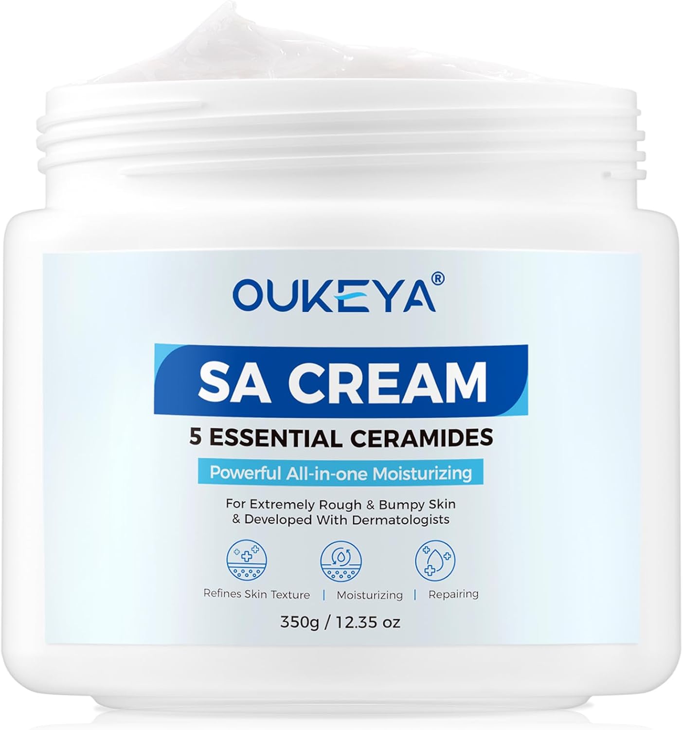 OUKEYA SA Smoothing Cream with 5 Ceramides, Salicylic Acid & Hyaluronic Acid for Rough & Bumpy Skin, Body Cream Exfoliating Moisturising, Body Lotion for Extremely Dry Skin, Face Cream, 350g/12.35 oz