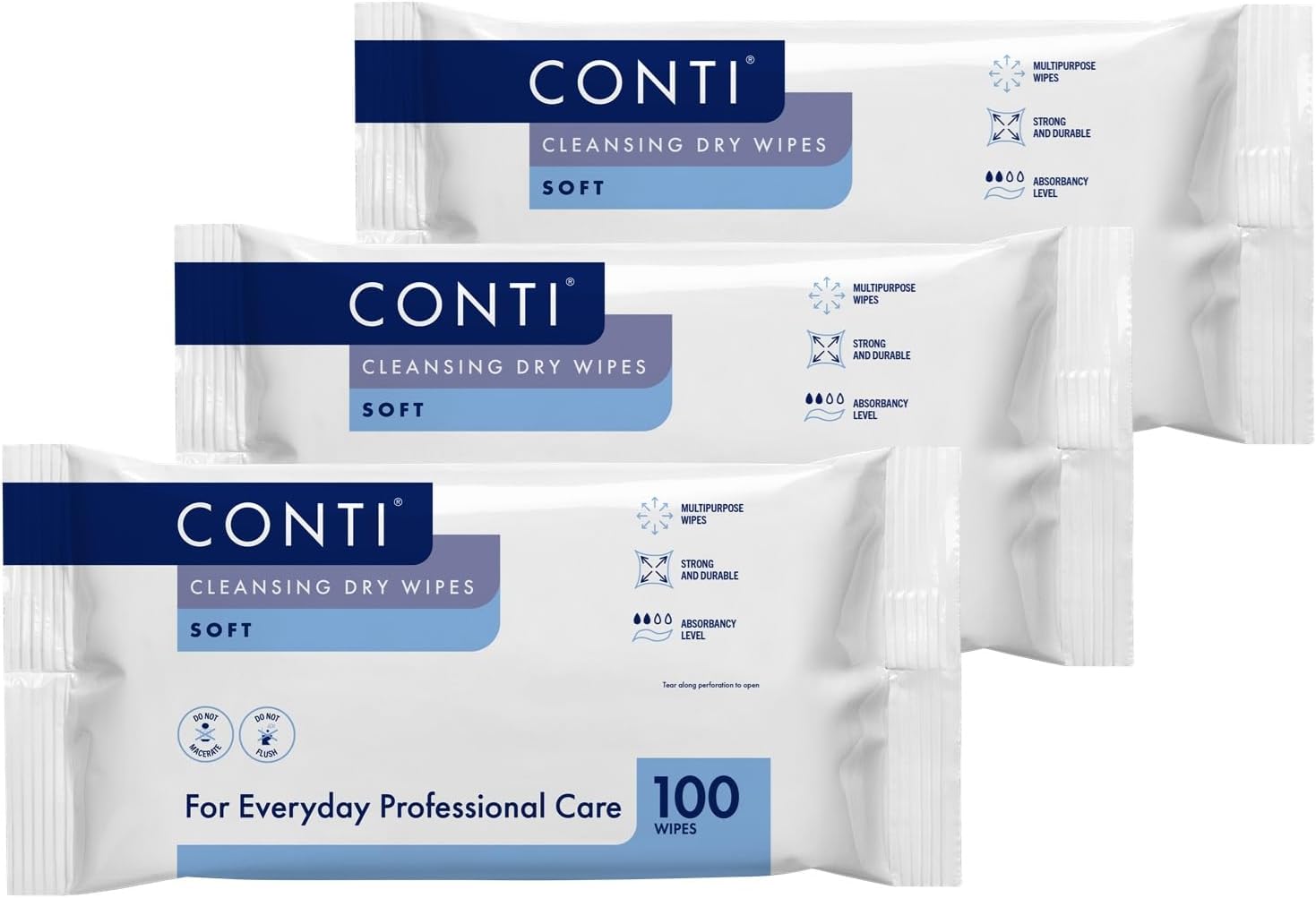 Conti Soft Large Patient Cleansing Dry Wipes (3 Packs of 100 Dry Wipes)