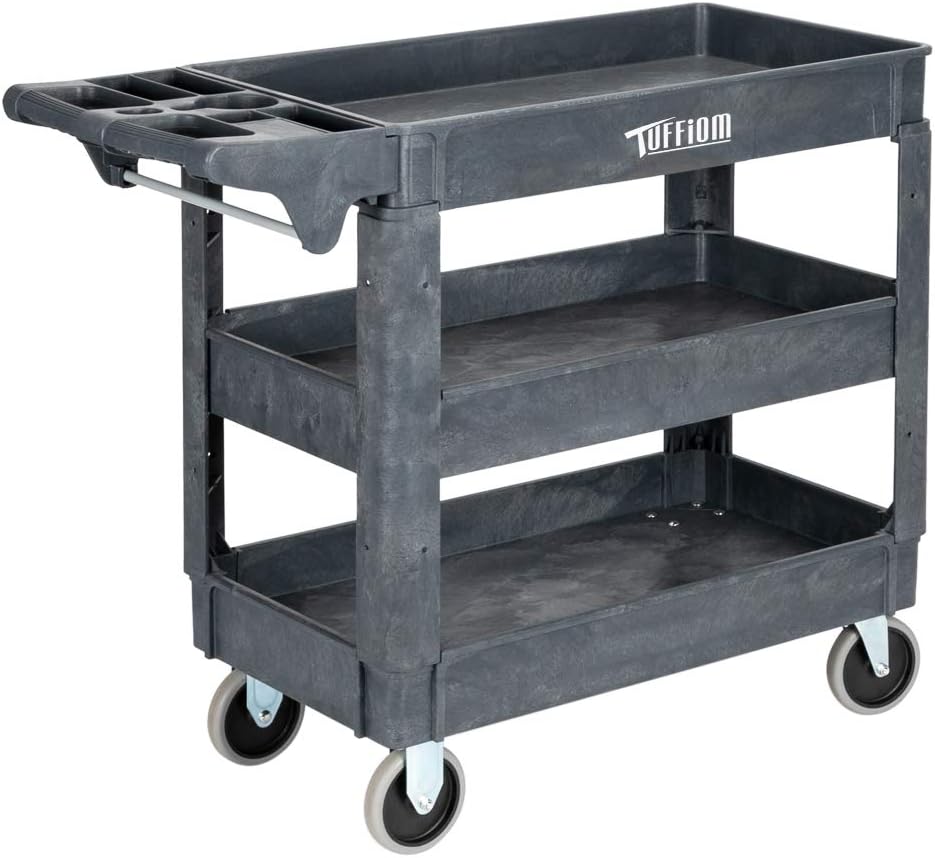 TUFFIOM Plastic Service Utility Cart with Wheels, 550lbs Capacity, Heavy Duty Tub W/Deep Shelves, Multipurpose Rolling 3-Tier Mobile Storage Organizer, for Warehouse Garage Industrial Cart