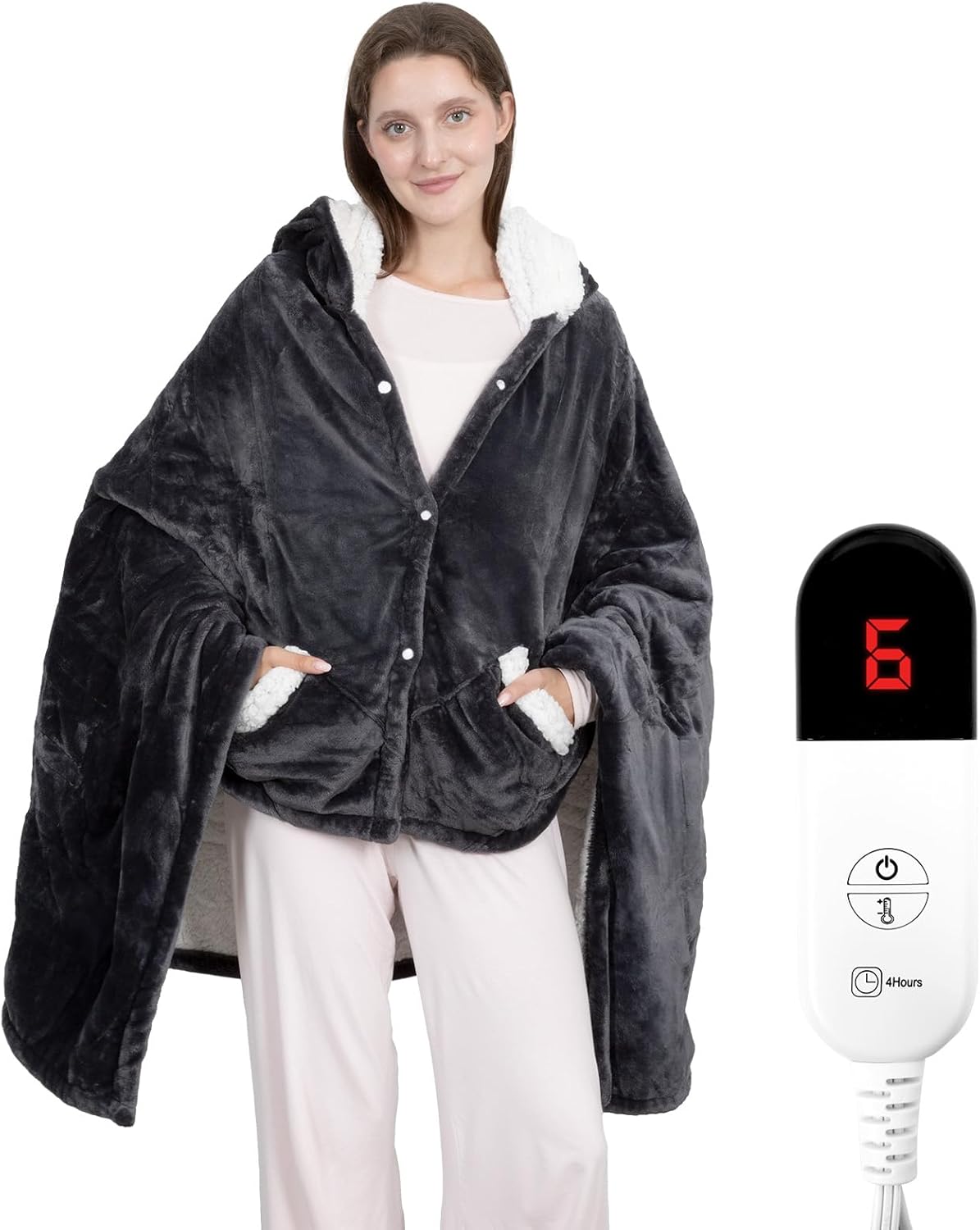 Wearable Heated Throw Blanket, Electric Heated Wrap Poncho Shawl & Hoodies with Pockets, 7 Heating Levels & 4 Hours Time Settings, Machine Washable with ETL Certification 40" x 70", Gray
