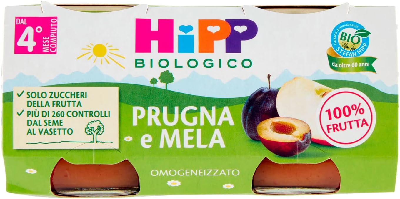 HiPP Omogeneizzato Biologico di Prugna e Mela dai 4+ MESI, 2 x 80g