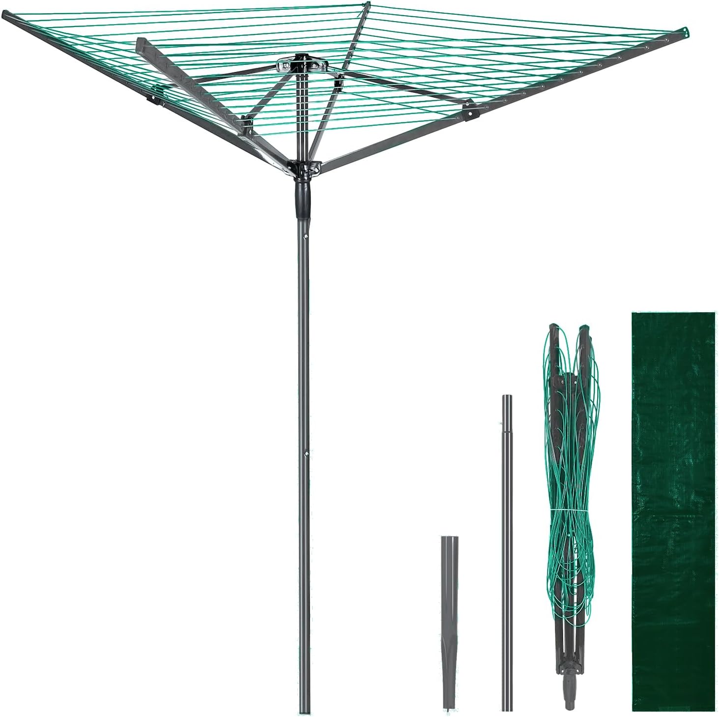 4 Arm 45M Rotary Washing Line Heavy Duty Clothes Airer Dryer for Outdoor & Garden, Folding Large Rotary Clothes Line with Metal Ground Spike and Cover, Green