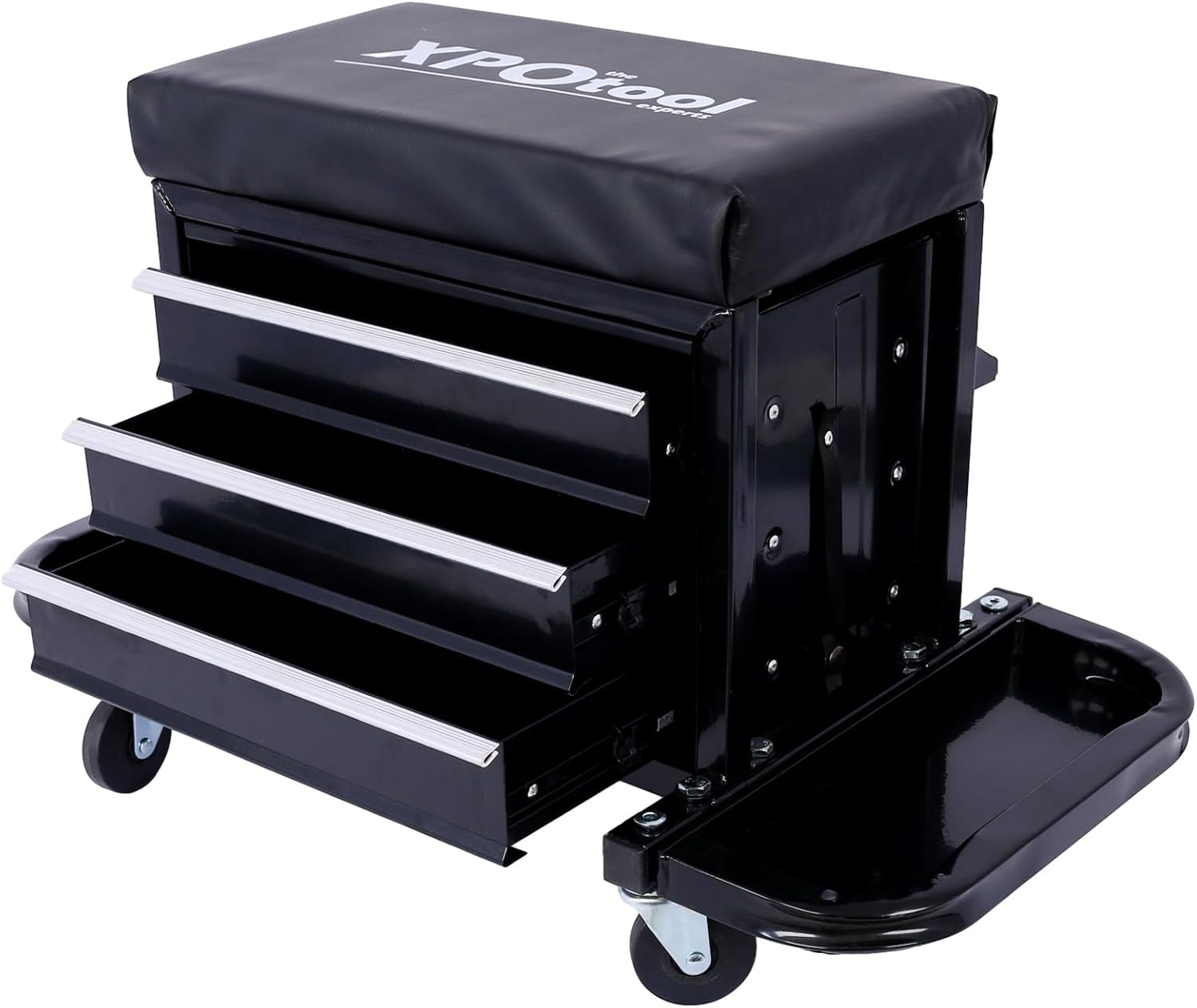 Mechanic Roller Seat with Tool Box, 3-Drawer Rolling Tool Chest Stool with Padded Seat Cushion, 350 LBS Capacity Padded Mechanic Stool with Side Tool Trays for Home, Garage, Workshop