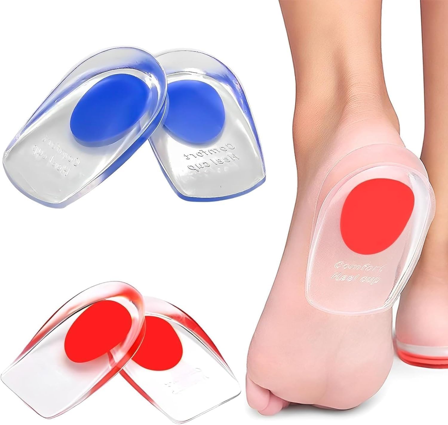 Gel Heel Cup for Plantar Fasciitis [2 Pairs]-Silicone Heel Cup Pads for Pain Bone Spur Pain Tendon Treatment Foot Comfort Support Protectors Gel Heel Cups For Women Men (BLUE & RED, SMALL (PACK OF 4))