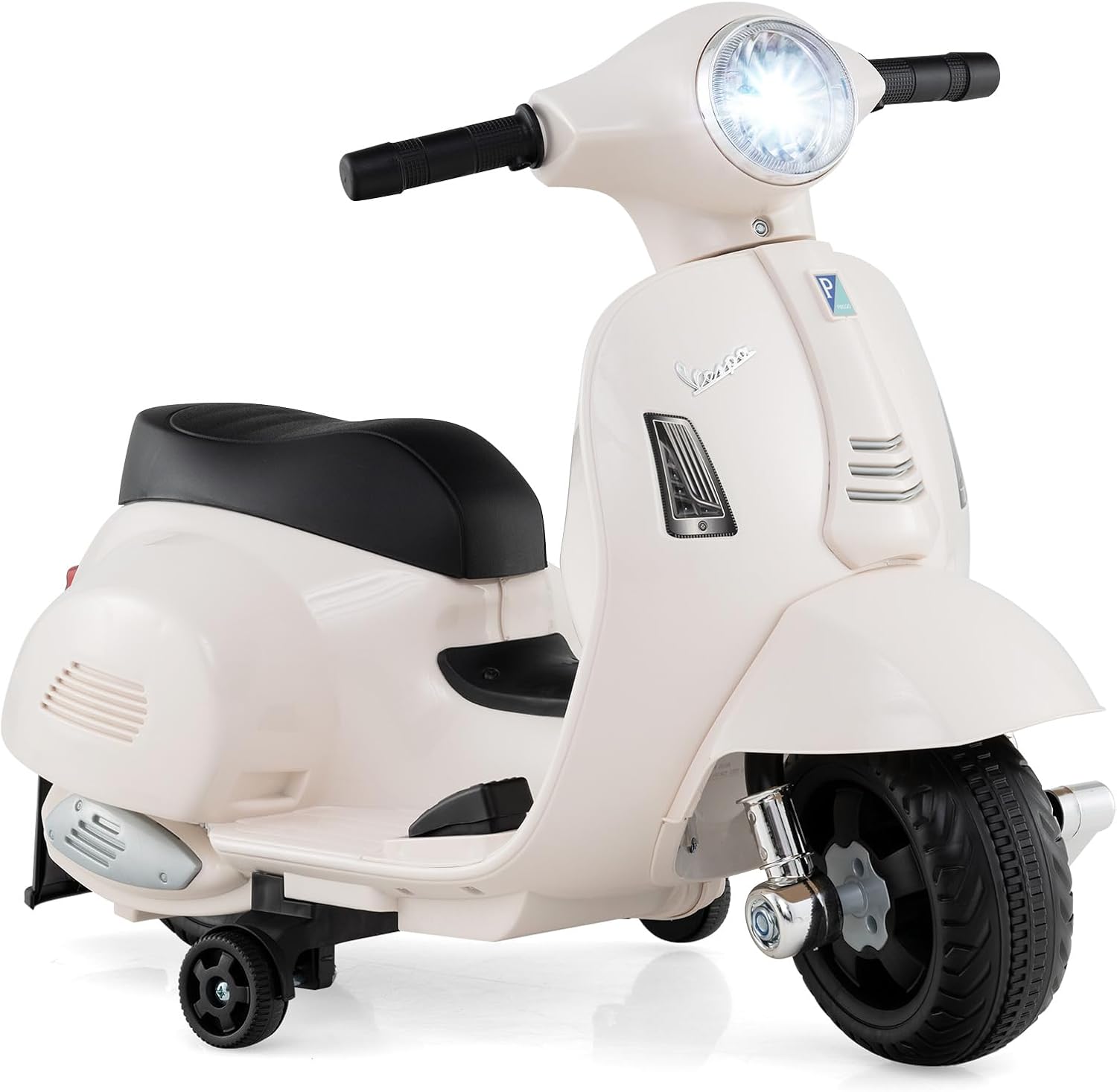 Licensed Vespa Scooter Kids Motorcycle by OLAKIDS, 6V Ride on Electric Motorcycle with Training Wheels, Headlight, Battery Powered 3 Wheels Toy Gift with LED Headlight Horn for Boys Girls (White)